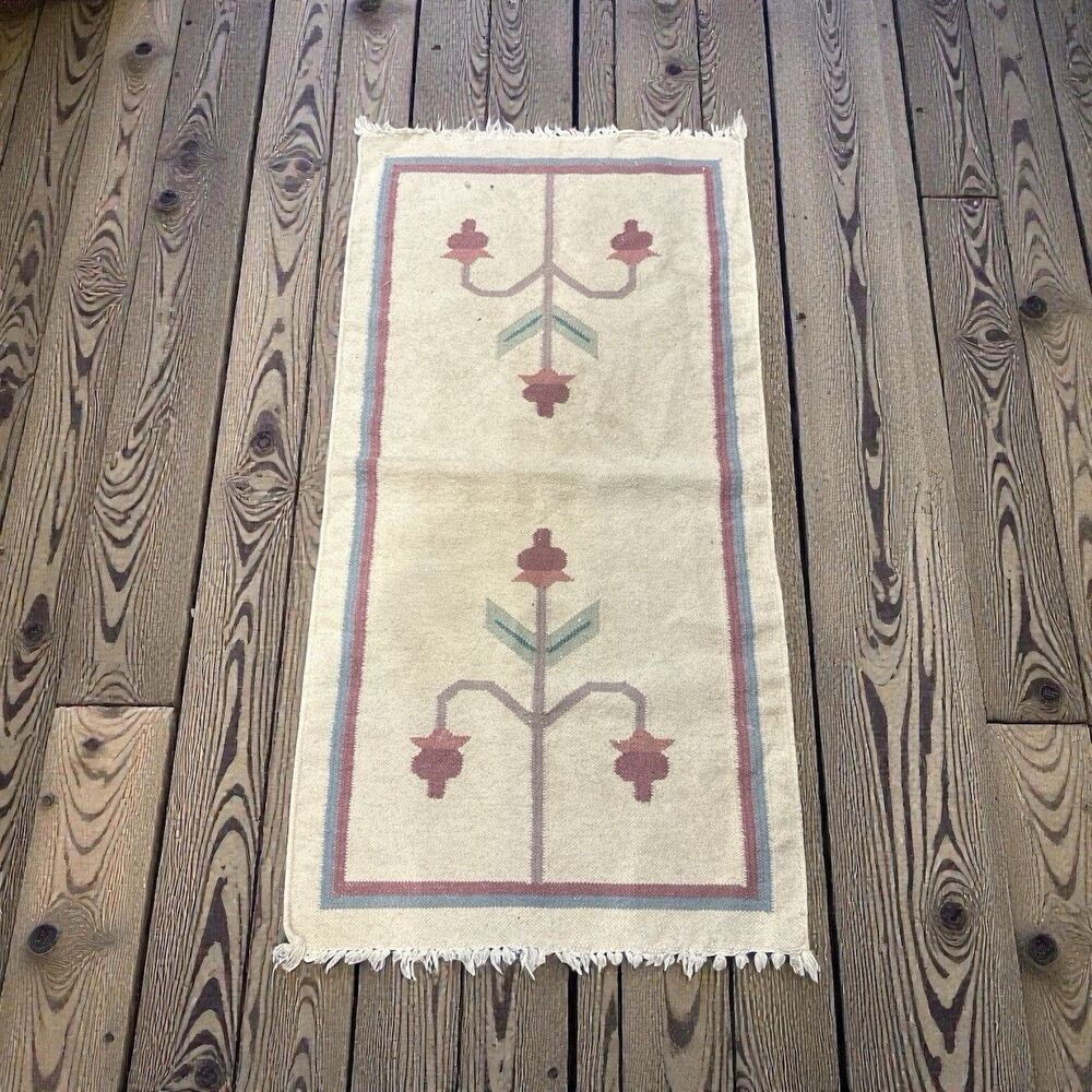 Vintage TREE OF LIFE Flat Weave Wool Rug Hand Woven 24x47” Runner Entry Pastel